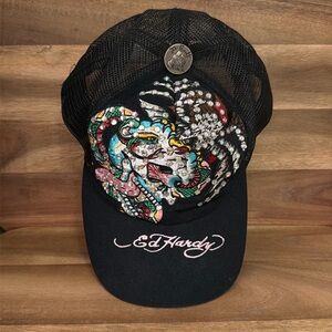 Vintage Ed Hardy Black Mesh Cap with Colorful Dragon Design